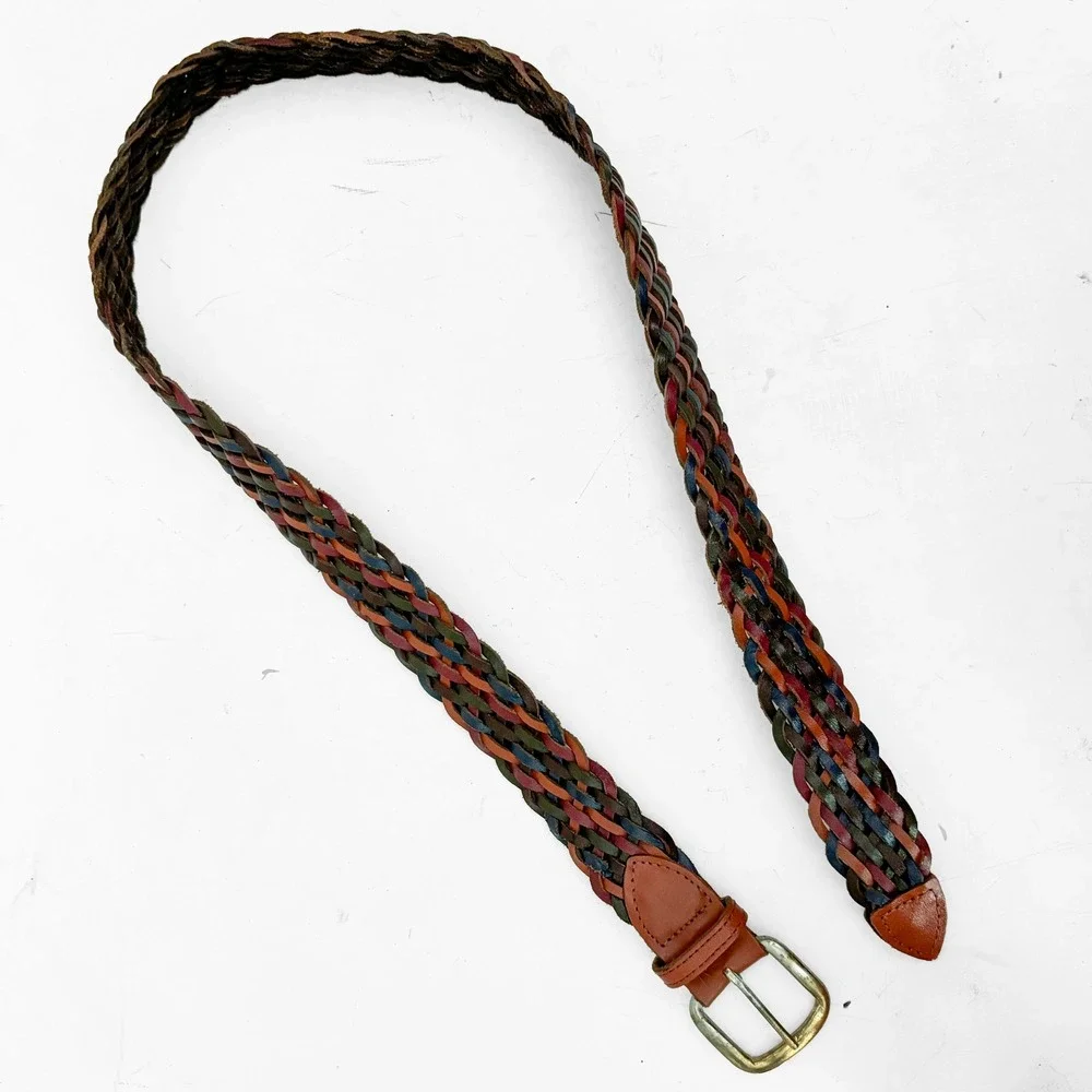 VTG Multi Color Braided Woven Leather Belt Guatemala Womens M Boho Western